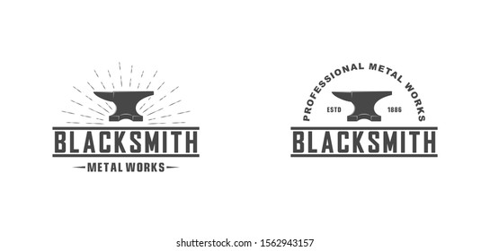 Black and white illustration of a blacksmith logo on a white background. Vector illustration of an anvil, rays and text in different variants. Professional metal work