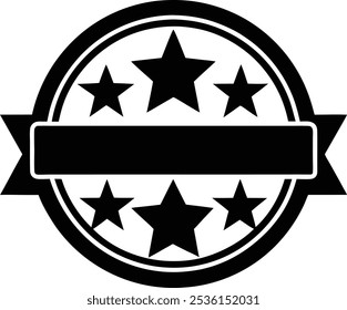 A black and white illustration of a blank badge with five stars and a ribbon. The badge is circular with a solid black border and a blank rectangular banner.