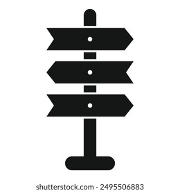 Black and white illustration of a blank triple road sign on a wooden post, perfect for guiding people on their journey