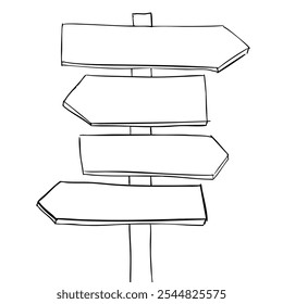 Black and white illustration of a blank wooden signpost with four directional arrow signs, ideal for customizable text or navigation themes.