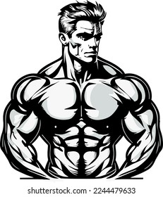 black and white illustration of a bodybuilder man