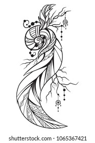 Black and white illustration of a boho element. Doodle illustration of cockleshell with feathers and beads  for sketch of tattoos, printing on T-shirts, covers and your creativity. Coloring for adults