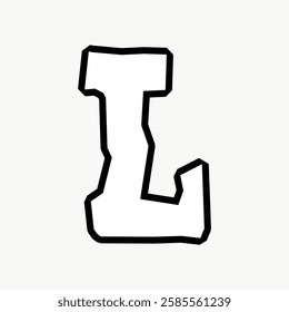 Black and white illustration of a bold, stylized letter 'L'. The letter 'L' is outlined in black with a white fill, featuring a jagged, geometric design. Doodle illustration vector.