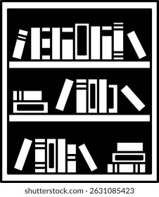 black and white illustration of a bookcase with many books on it