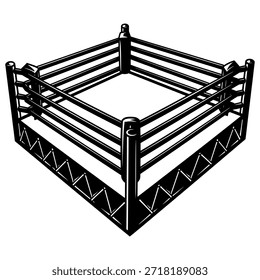 Eine schwarz-weiße Illustration eines Boxrings mit Seilen und Pfosten auf einfarbigem weißem Hintergrund.