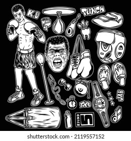 black and white illustration with boxing theme and some ornaments inside