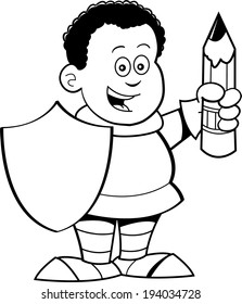 Black and white illustration of a boy dressed as a knight and holding a shield and a pencil.