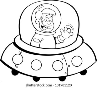 Black and white illustration of a boy flying in a spacecraft.