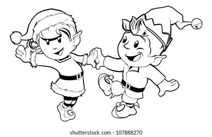 Black And White Illustration Of Boy And Girl Christmas Elves Dancing In Santa Outfit And Elf Clothes