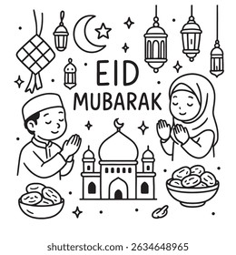 Ilustração em preto e branco de um menino e uma menina rezando com o texto, a mesquita, as lanternas e os símbolos tradicionais de comida do Eid Mubarak.