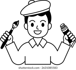 ilustração em preto e branco de um menino segurando um pincel e um tubo de tinta