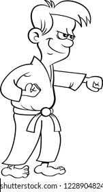 Black and white illustration of a boy in a Karate uniform punching.
