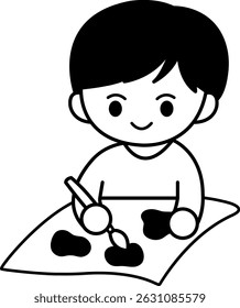 ilustração em preto e branco de um menino pintando um quadro com um pincel