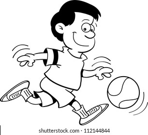 Black and white illustration of a boy playing basketball