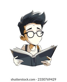 Schwarzweiß-Illustration eines Jungen, der ein Buch liest 