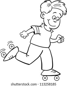 Black and white illustration of a boy roller skating