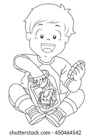 Black and White Illustration of a Boy Storing Trinkets in a Jar