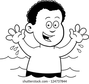 Black and white illustration of a boy swimming.