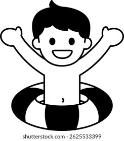 black and white illustration of a boy with swimming ring