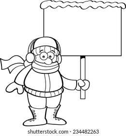 Black and white illustration of a boy in Winter clothing holding a sign.