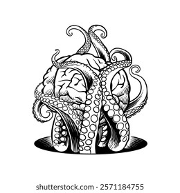 black and white illustration of a brain entangled in octopus tentacles