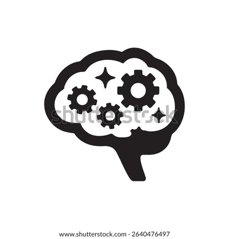A black and white illustration of a brain with gears and stars inside on a white background	