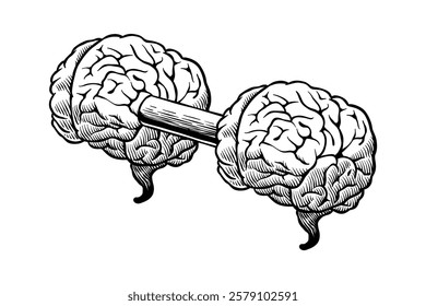 black and white illustration of a brain like a barbell