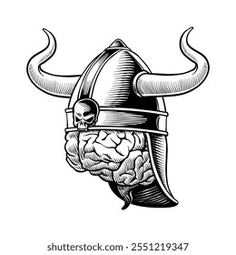 Ilustração em preto e branco de Brain usando um capacete Viking