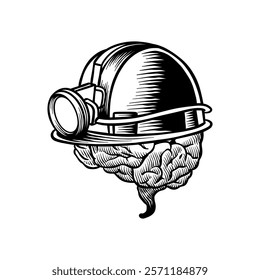 Black and white illustration of a brain wearing a project helmet