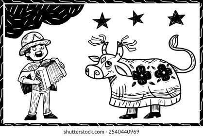 Black and white illustration of a Brazilian Bumba Meu Boi celebration, featuring an accordion player and decorated ox under stars. Highlights traditional folk culture and festivities.