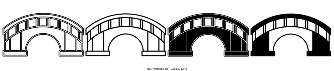 Black and white illustration of a bridge. Bridge icon collection with line. Stock vector illustration.