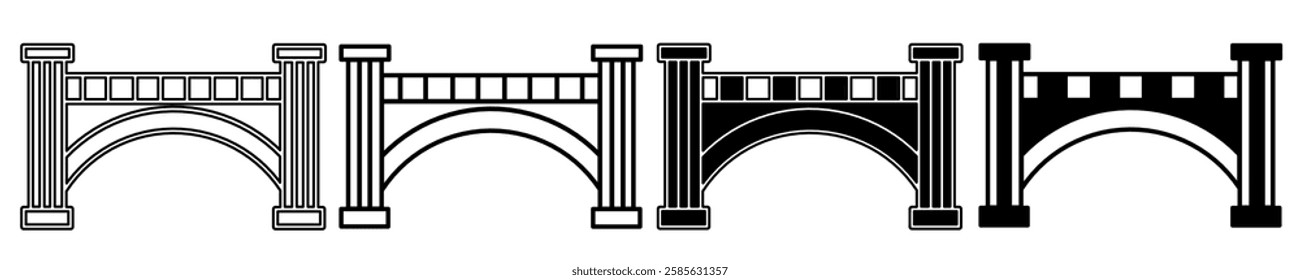 Black and white illustration of a bridge. Bridge icon collection with line. Stock vector illustration.