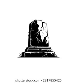 A black and white illustration of a broken tombstone with a textured surface and a stone pedestal.