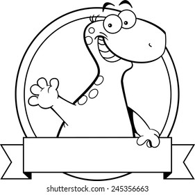 Black and white illustration of a brontosaurus dinosaur with a banner sign.