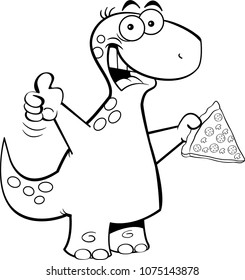 Black and white illustration of a brontosaurus holding a slice of pizza.