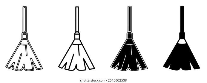 Ilustração em preto e branco de uma vassoura. Coleção de ícones da sala com linha. Ilustração do vetor de estoque.