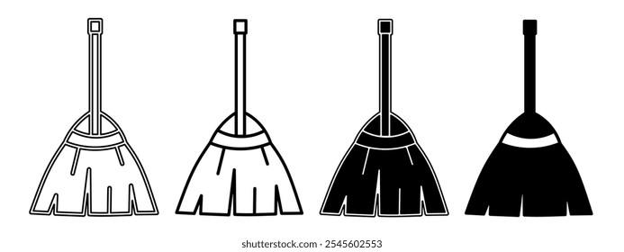 Ilustração em preto e branco de uma vassoura. Coleção de ícones da sala com linha. Ilustração do vetor de estoque.