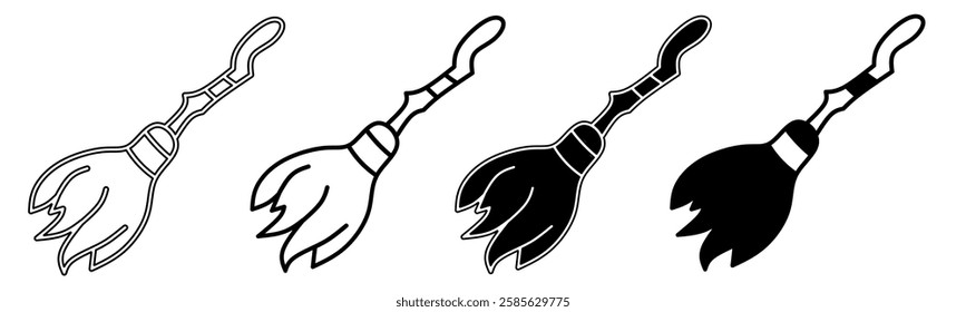 Black and white illustration of a broom. Broom icon collection with line. Stock vector illustration.
