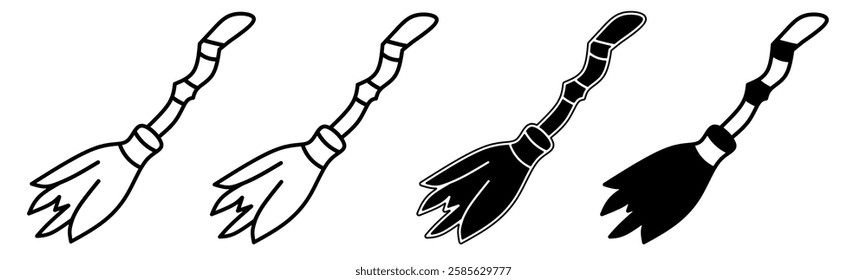 Black and white illustration of a broom. Broom icon collection with line. Stock vector illustration.