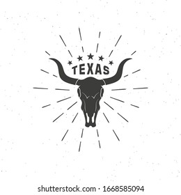 Black and white illustration of a buffalo skull, rays and text with stars on a white background with grunge texture. Vector illustration of USA symbols.