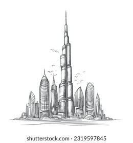 Black and white illustration of building in Dubai
