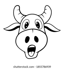 Black and white illustration of a bull. Surprised cow. A surprised bull. Symbol 2021.