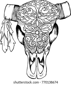 Black and white illustration of a bull's skull. Decorated cow's head