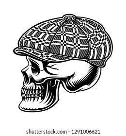 black and white  illustration of a bully skull in cap on the white background. 