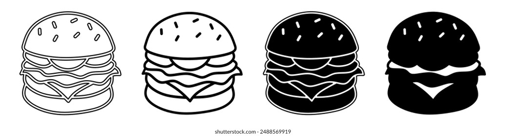 Black and white illustration of a burger. Burger icon collection with line. Stock vector illustration.