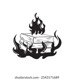 black and white illustration of a burning book