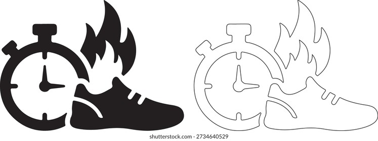 A black and white illustration of a burning shoe with a stopwatch, in both solid and line art styles, on a pure white background.