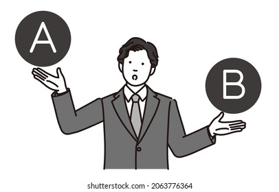 black and white illustration of a businessman thinking, showing two options.It is vector data that is easy to edit.