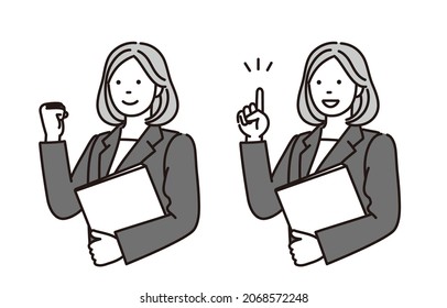 black and white illustration of a businesswoman holding a document under his arm, explaining something or triumphant pose.It is vector data which is easy to edit.