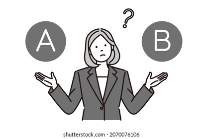 black and white illustration of a businesswoman thinking, showing two options.It is vector data that is easy to edit.